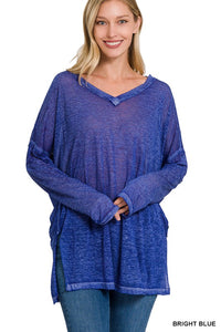 ZENANA MELANGE BURNOUT DOLMAN SLEEVE V-NECK TOP