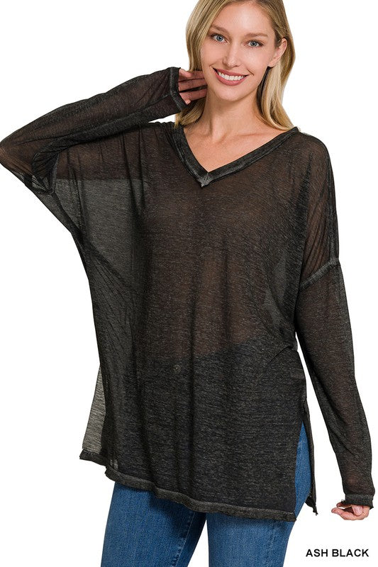 ZENANA MELANGE BURNOUT DOLMAN SLEEVE V-NECK TOP