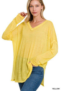 ZENANA MELANGE BURNOUT DOLMAN SLEEVE V-NECK TOP