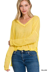 ZENANA MELANGE BURNOUT DOLMAN SLEEVE V-NECK TOP