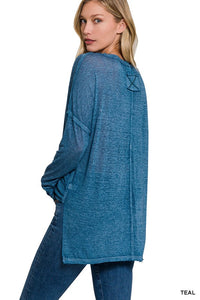 ZENANA MELANGE BURNOUT DOLMAN SLEEVE V-NECK TOP