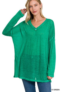 ZENANA MELANGE BURNOUT DOLMAN SLEEVE V-NECK TOP