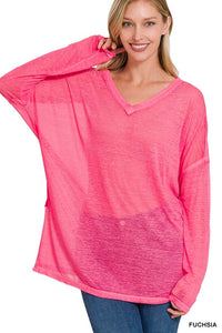 ZENANA MELANGE BURNOUT DOLMAN SLEEVE V-NECK TOP