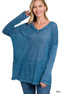 ZENANA MELANGE BURNOUT DOLMAN SLEEVE V-NECK TOP