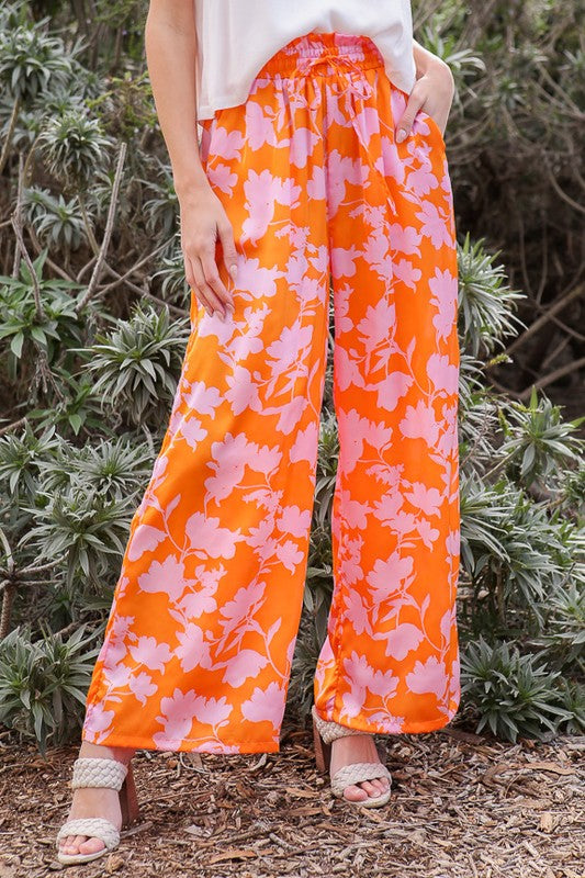 Lumiere TROPICAL PRINT WIDE PANTS WITH SELF TIE DRAWSTRING