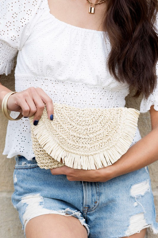 Aili's Corner Frayed Fold-over Straw Clutch