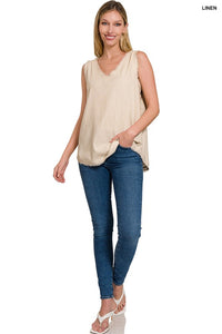 ZENANA LINEN PRE-WASHED FRAYED EDGE V-NECK SLEEVELESS TOP