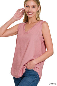 ZENANA LINEN PRE-WASHED FRAYED EDGE V-NECK SLEEVELESS TOP