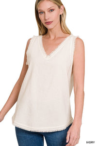 ZENANA LINEN PRE-WASHED FRAYED EDGE V-NECK SLEEVELESS TOP