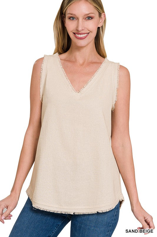 ZENANA LINEN PRE-WASHED FRAYED EDGE V-NECK SLEEVELESS TOP