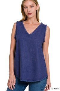 ZENANA LINEN PRE-WASHED FRAYED EDGE V-NECK SLEEVELESS TOP