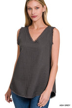 Load image into Gallery viewer, ZENANA LINEN PRE-WASHED FRAYED EDGE V-NECK SLEEVELESS TOP