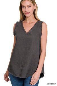 ZENANA LINEN PRE-WASHED FRAYED EDGE V-NECK SLEEVELESS TOP