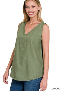 ZENANA LINEN PRE-WASHED FRAYED EDGE V-NECK SLEEVELESS TOP