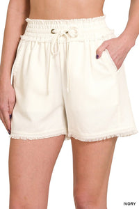 ZENANA LINEN FRAYED HEM DRAWSTRING SHORTS WITH POCKETS