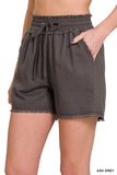 ZENANA LINEN FRAYED HEM DRAWSTRING SHORTS WITH POCKETS