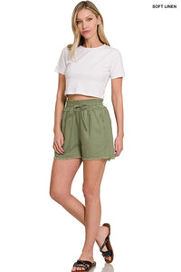 ZENANA LINEN FRAYED HEM DRAWSTRING SHORTS WITH POCKETS