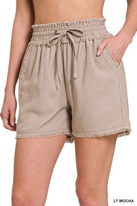 ZENANA LINEN FRAYED HEM DRAWSTRING SHORTS WITH POCKETS