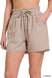 ZENANA LINEN FRAYED HEM DRAWSTRING SHORTS WITH POCKETS