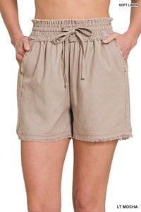 ZENANA LINEN FRAYED HEM DRAWSTRING SHORTS WITH POCKETS