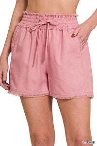 ZENANA LINEN FRAYED HEM DRAWSTRING SHORTS WITH POCKETS