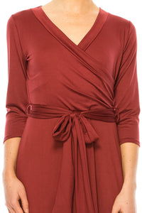 Moa Collection Solid faux wrap dress with deep V-neck