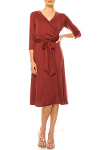 Moa Collection Solid faux wrap dress with deep V-neck