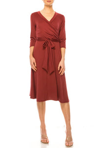 Moa Collection Solid faux wrap dress with deep V-neck