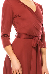 Moa Collection Solid faux wrap dress with deep V-neck