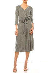 Moa Collection Solid faux wrap dress with deep V-neck