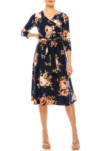 Moa Collection Floral print, faux wrap dress with deep V-neck