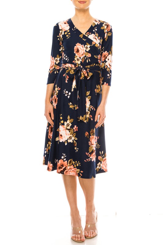 Moa Collection Floral print, faux wrap dress with deep V-neck