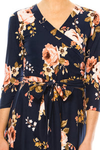 Moa Collection Floral print, faux wrap dress with deep V-neck