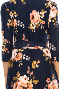 Moa Collection Floral print, faux wrap dress with deep V-neck