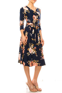 Moa Collection Floral print, faux wrap dress with deep V-neck