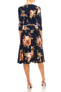 Moa Collection Floral print, faux wrap dress with deep V-neck