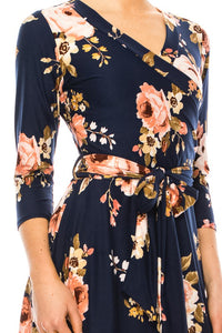 Moa Collection Floral print, faux wrap dress with deep V-neck