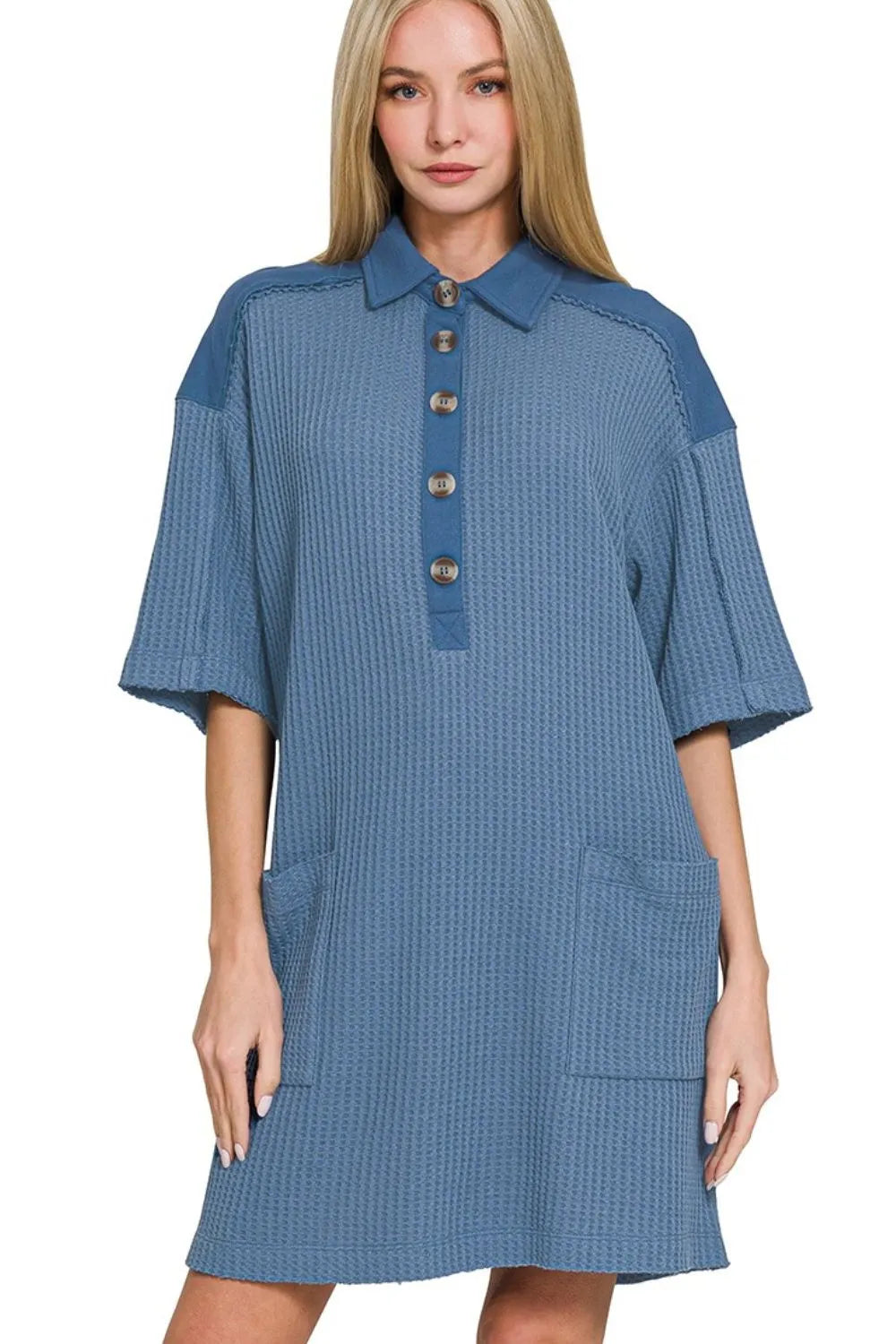 Waffle Half-Button Dress with Pocket