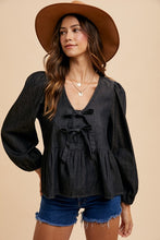 Load image into Gallery viewer, Annie Wear Tie Front Peplum Long Sleeve Denim Top