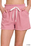 ZENANA DOUBLE ELASTICBAND DRAWSTRING WAIST SHORTS