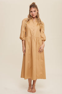 Listicle Button Front Puff Sleeve Babydoll Maxi Dress