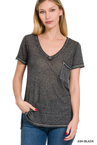 ZENANA WASHED MELANGE BURNOUT SCOOP V-NECK TOP