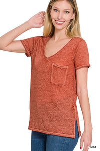 ZENANA WASHED MELANGE BURNOUT SCOOP V-NECK TOP