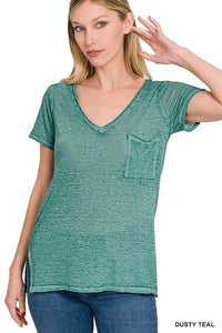 ZENANA WASHED MELANGE BURNOUT SCOOP V-NECK TOP