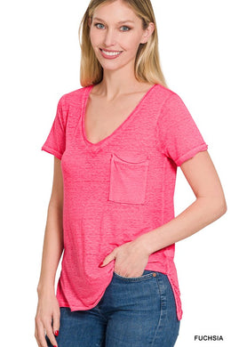 ZENANA WASHED MELANGE BURNOUT SCOOP V-NECK TOP