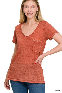 ZENANA WASHED MELANGE BURNOUT SCOOP V-NECK TOP