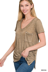 ZENANA WASHED MELANGE BURNOUT SCOOP V-NECK TOP