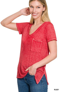 ZENANA WASHED MELANGE BURNOUT SCOOP V-NECK TOP