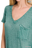 ZENANA WASHED MELANGE BURNOUT SCOOP V-NECK TOP