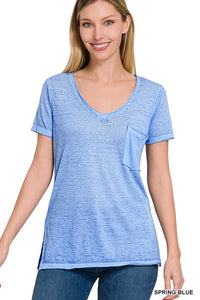 ZENANA WASHED MELANGE BURNOUT SCOOP V-NECK TOP